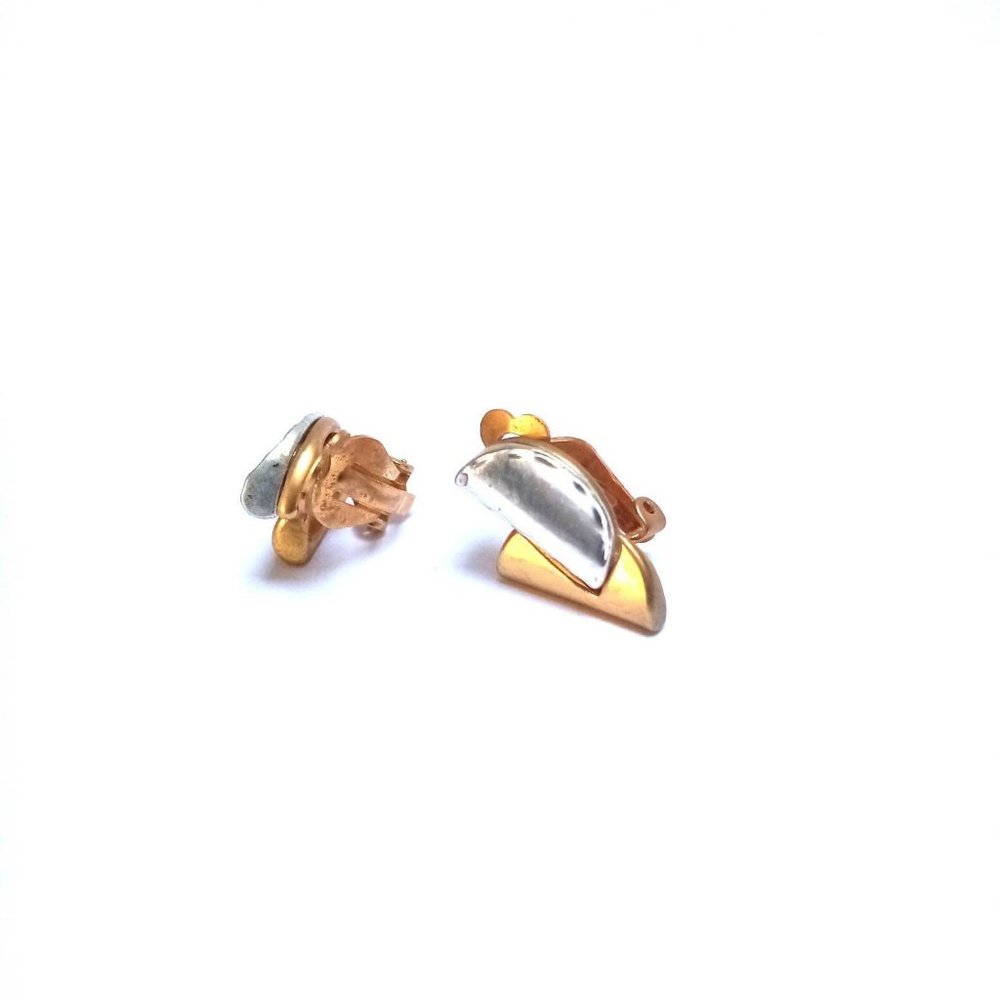 Vintage Modern Design Earrings, 1970s retro Clip On , Tow Tone Gold plated, - Picture 8 of 9